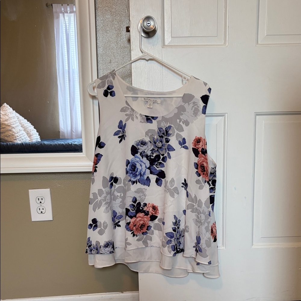 Emaline Floral Sleeveless ChiffonTank Top in White with Blue and Pink Flowers
